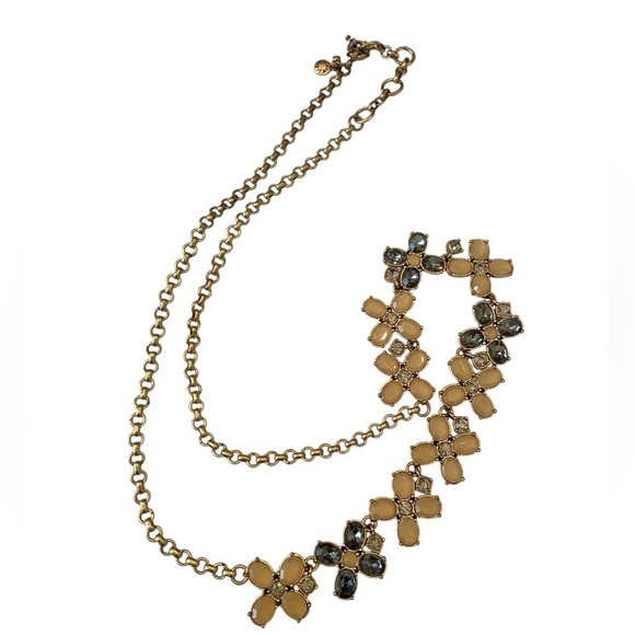 J. Crew flower necklace crystal gray enamel mustard antique gold tone marked - Picture 5 of 8